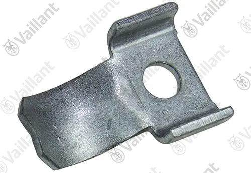 Metallene Halterung von Vaillant mit einem durchgehenden Loch in der Mitte und einer gebogenen Form zur Befestigung von Komponenten.
